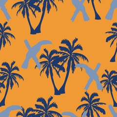 Seamless hand drawn botanical exotic vector pattern with silhouette coconut palm trees and toucans on orange background.