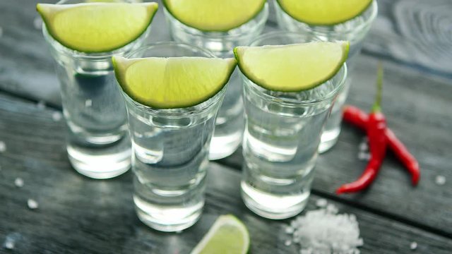 From above tequila shots served with lime and salt on wooden table with pepper 