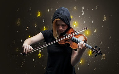 Young violinist with falling musical notes wallpaper and classical concept