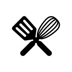 Kitchen tool icon. Whisk and spatula, criss and cross. Black on white background