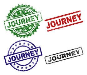 JOURNEY seal prints with distress style. Black, green,red,blue vector rubber prints of JOURNEY caption with retro style. Rubber seals with round, rectangle, rosette shapes.