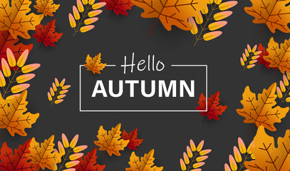 Grey hello autumn poster with beautiful orange leaves. © svetlaborovko