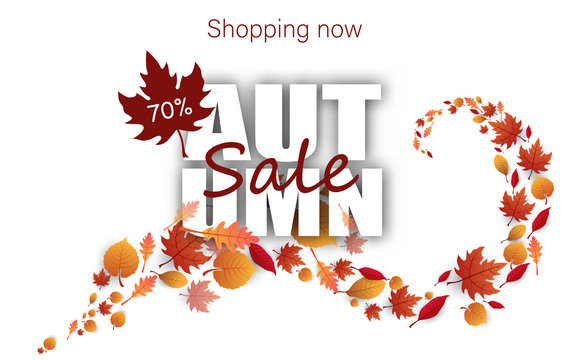 Autumn 70% sale sign with beautiful leaves. Shopping now poster.