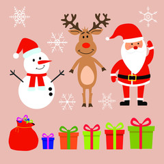 Merry Christmas and happy new year greeting Santa Claus, gift bag, reindeer, snowman, gift box and snowflakes set isolated on background vector illustration