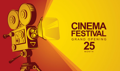 Vector cinema festival poster with old fashioned movie camera. Movie background with words Grand opening. Can be used for banner, poster, web page, background