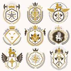 Set of vector retro vintage insignias created with design elements like medieval castles, armory, wild animals, imperial crowns. Collection of coat of arms.