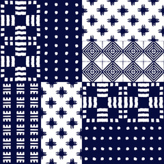 Abstract indigo shibori seamless vector pattern with ikat print of mosaic