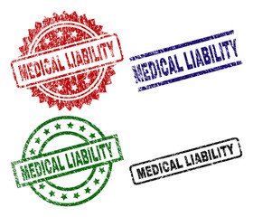 MEDICAL LIABILITY seal prints with corroded texture. Black, green,red,blue vector rubber prints of MEDICAL LIABILITY label with scratched texture. Rubber seals with round, rectangle, medallion shapes.