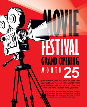 Vector movie festival poster with retro movie camera. Cinema banner with words Grand opening and place for text on red background. Can be used for poster, flyer, billboard, web page, background