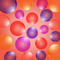 Isolated colorful realistic glass bubbles with reflection on a colored background. Isolated blowing bubbles for your design.