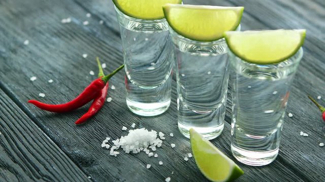 Served glass shots filled with tequila and slices of lime on wooden table with heap of salt and chili pepper
