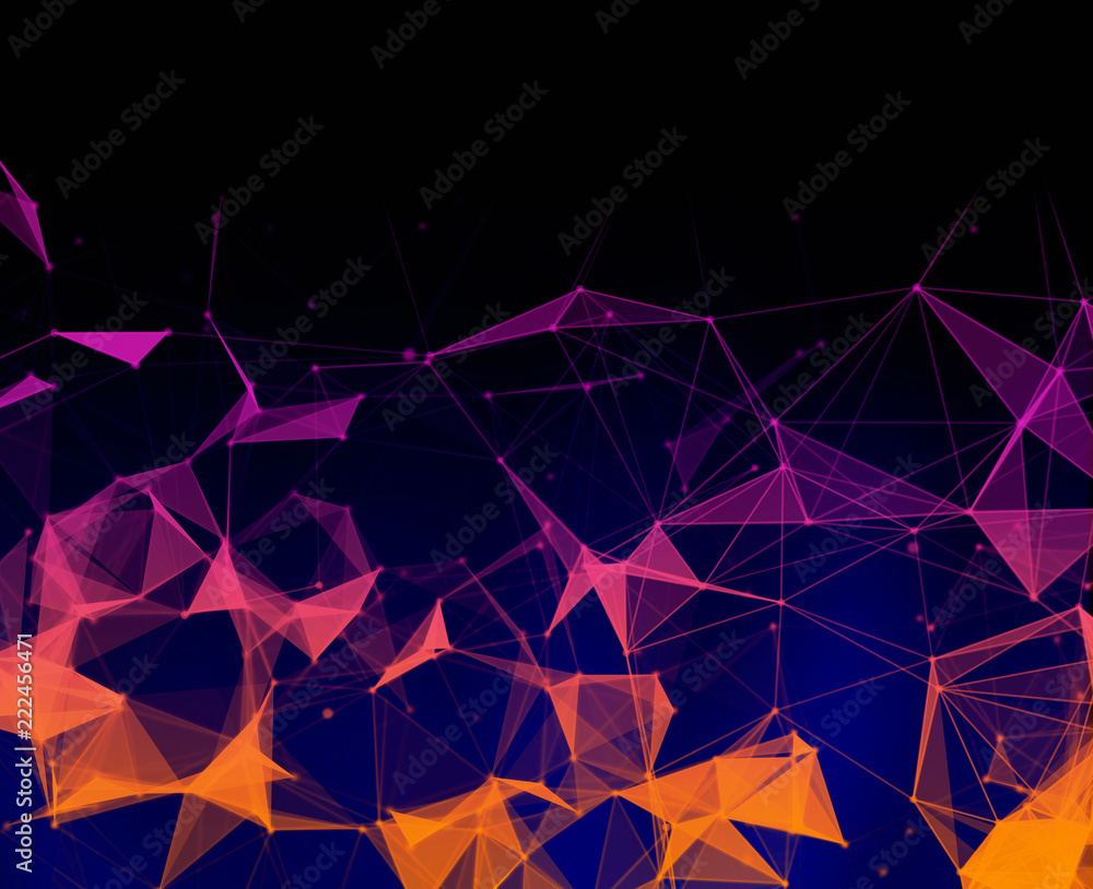 Poster digital computer data and network connection triangle lines and spheres in futuristic technology con