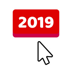 The button 2019 with arrow  cursor pointer. Flat style design invitation to the xmas or new year party or event postcard vector illustration isolated on white background.