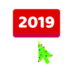 The button 2019 with arrow  cursor christmas tree pixel pointer push. Flat style design invitation to the xmas party or new year party or event postcard vector illustration isolated white background.