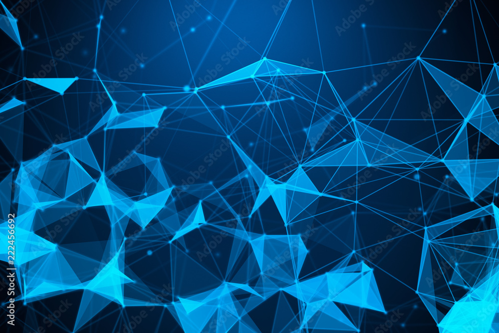 Poster digital computer data and network connection triangle lines and spheres in futuristic technology con