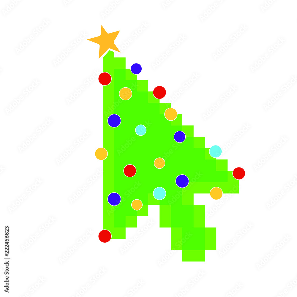 Poster computer mouse cursor arrow pointer like green christmas tree with balls and star. merry christmas a