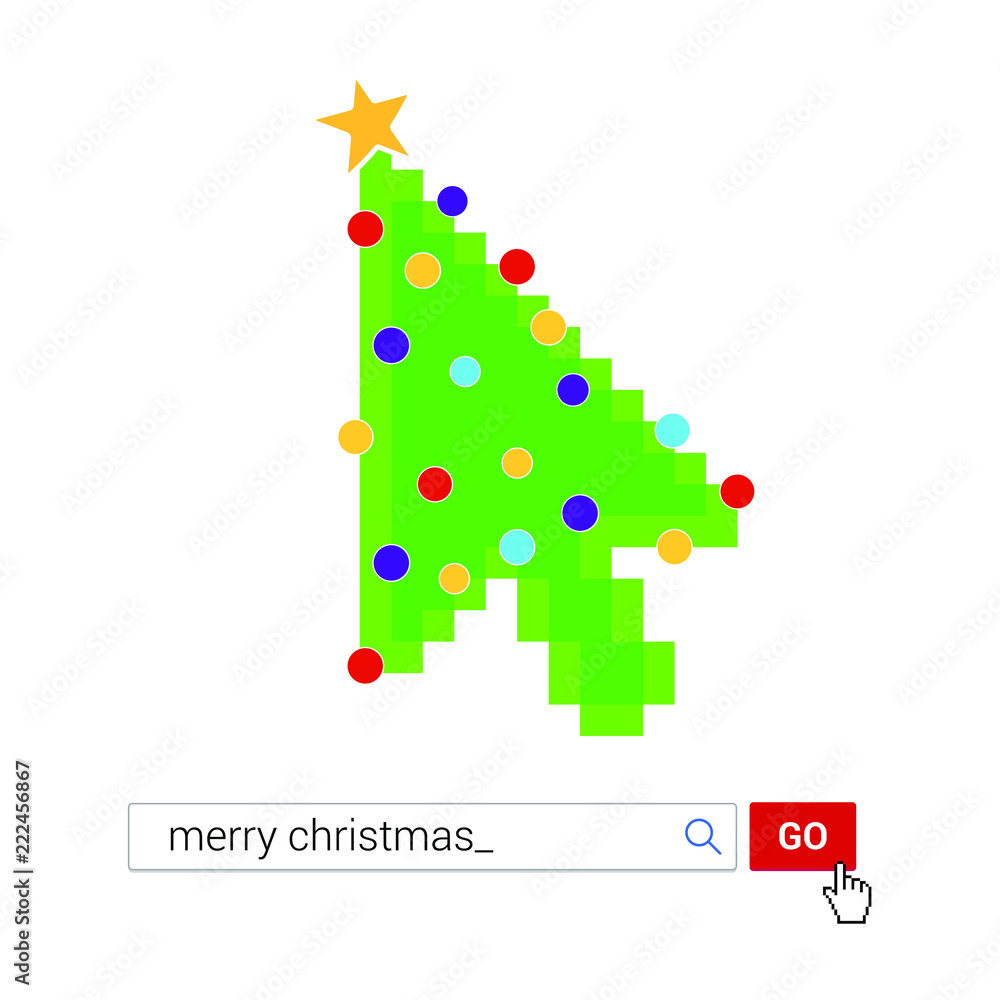 Poster search bar with text merry christmas and button go with christmas tree, hand cursor pointer. flat st