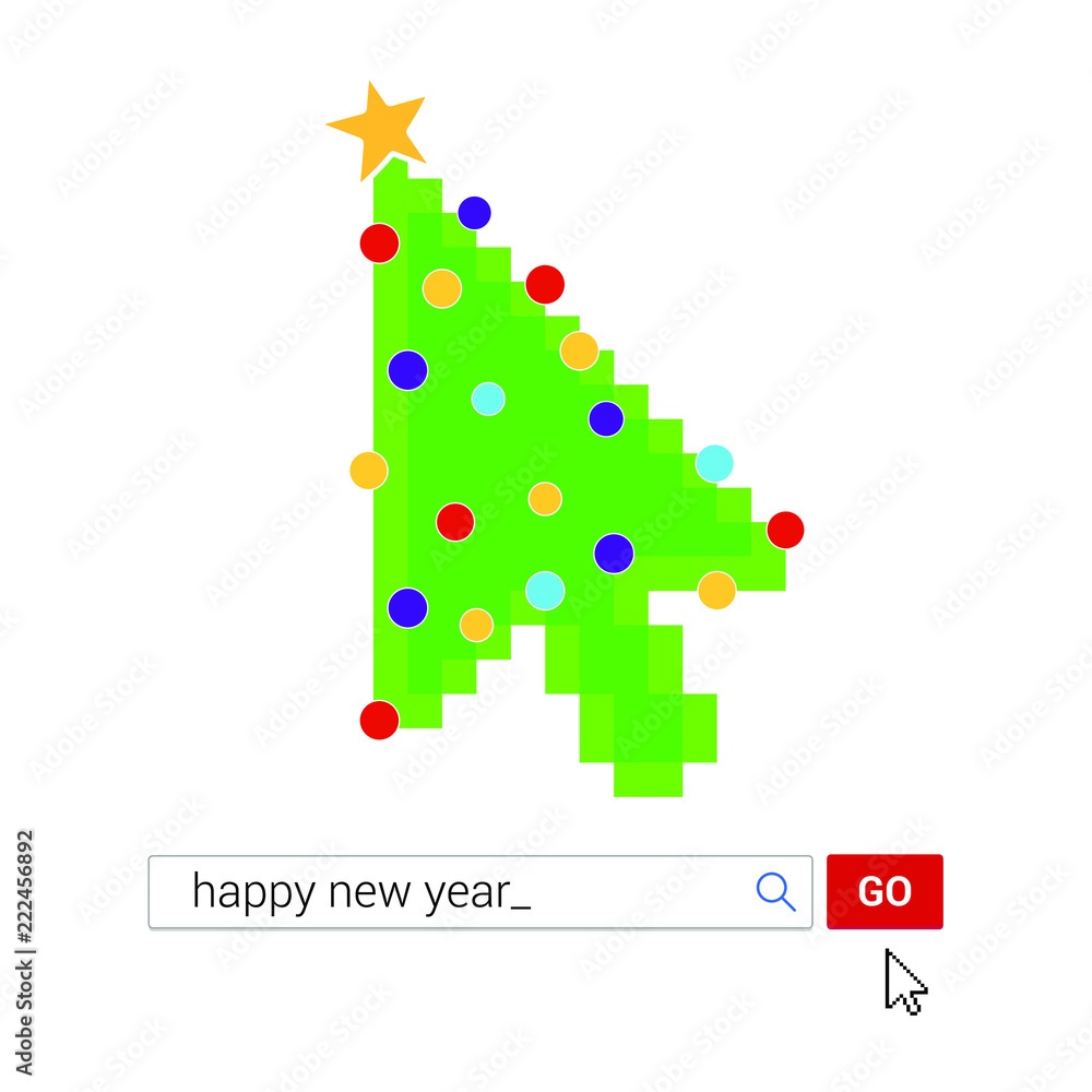 Poster search bar with text merry christmas and button go with christmas tree, arrow cursor pointer. flat s