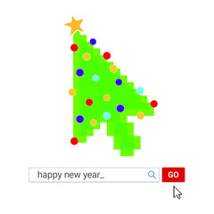 Naklejka premium Search bar with text Merry christmas and button go with christmas tree, arrow cursor pointer. Flat style design invitation to the new year party postcard vector illustration isolated on background.