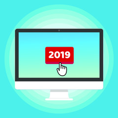 All in one PC monitor device with red button 2019 and cursor hand pointer icon sign push the button with finger. Flat style design invite to the xmas party postcard vector illustration.