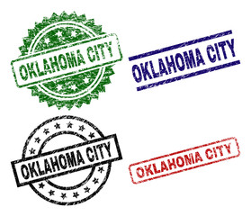 OKLAHOMA CITY seal prints with distress texture. Black, green,red,blue vector rubber prints of OKLAHOMA CITY title with corroded texture. Rubber seals with round, rectangle, rosette shapes.