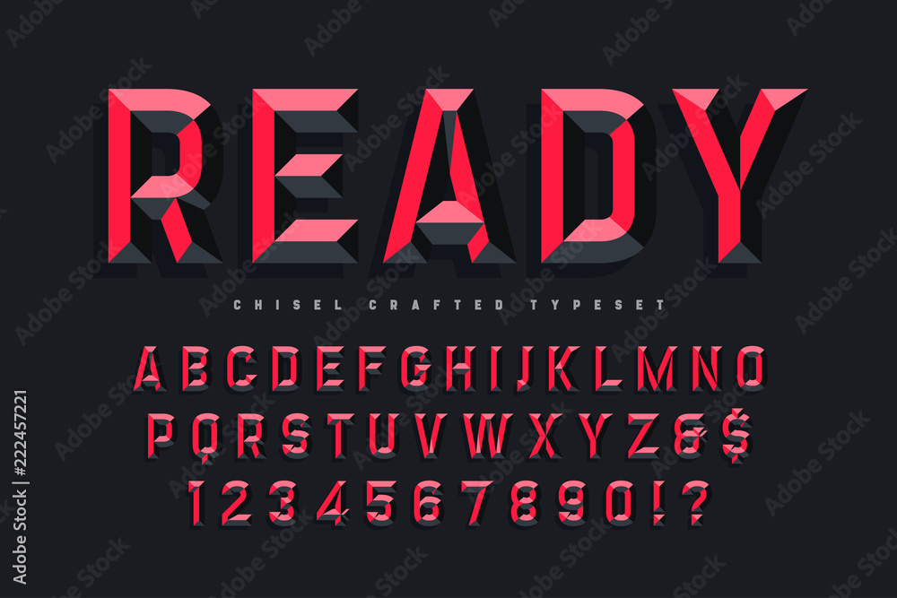 Poster chisel crafted display font with facets, alphabet, letters