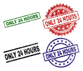 ONLY 24 HOURS seal prints with damaged surface. Black, green,red,blue vector rubber prints of ONLY 24 HOURS text with scratched surface. Rubber seals with circle, rectangle, rosette shapes.