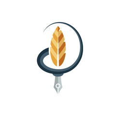 Pen feather with twisted element in the form of the letter D and a golden bird's feather, logo template. For book publishers and printing companies. Vector illustration.