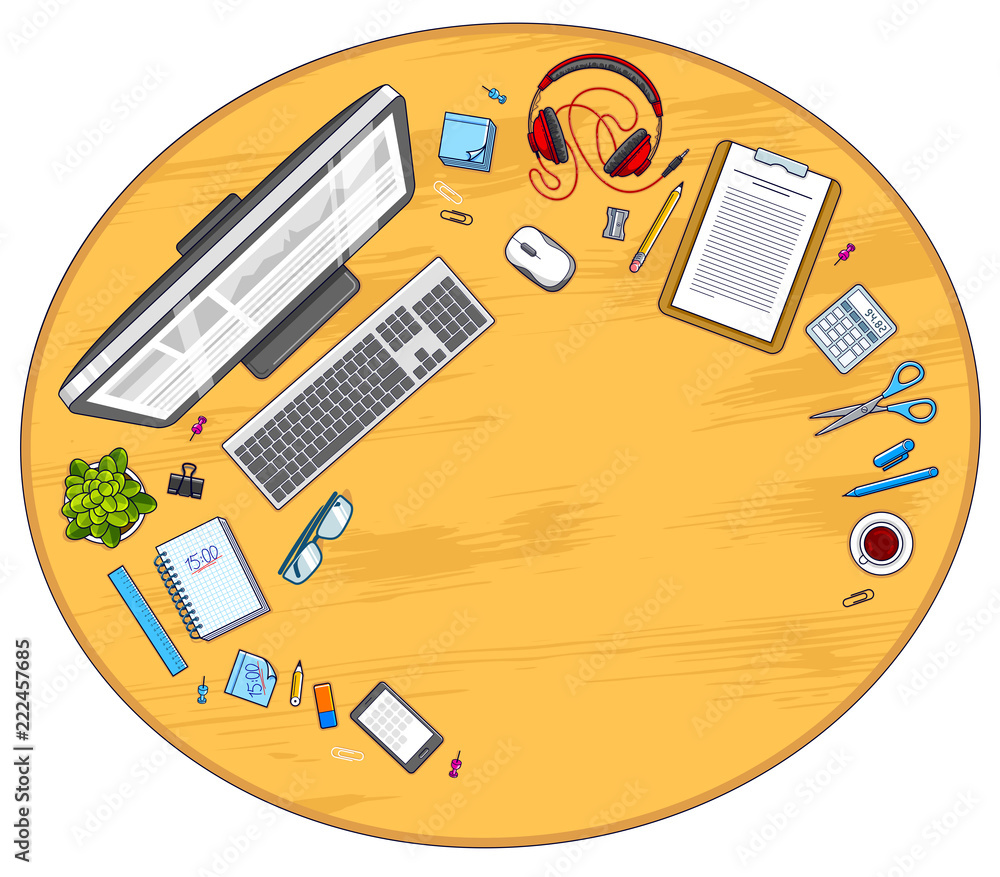 Fototapete wooden work desk workspace top view with pc computer and a lot of different stationery objects on ta