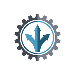 Gear logo template. Divergent arrows in opposite directions inside the gear. Vector illustration.