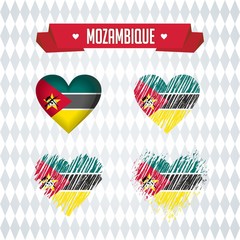 Mozambique. Collection of four vector hearts with flag. Heart silhouette