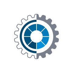 Gear logo template. Sectioned blue circle inside the grey gear. Vector illustration.