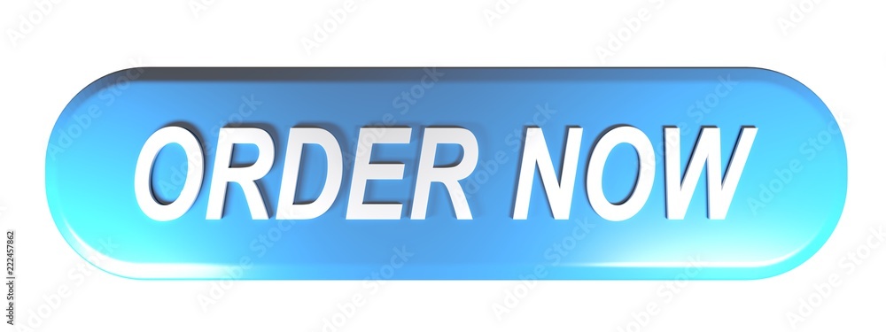 Poster blue rounded rectangle push button order now - 3d rendering