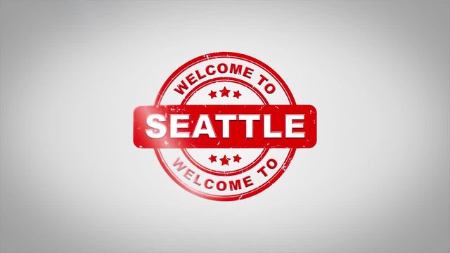 Welcome to SEATTLE Signed Stamping Text Wooden Stamp Animation. Red Ink on Clean White Paper Surface Background with Green matte Background Included.
