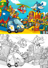 Obraz na płótnie Canvas cartoon scene with different vehicles in the city car and flying machines - plane and helicopter - with artistic coloring page - illustration for children