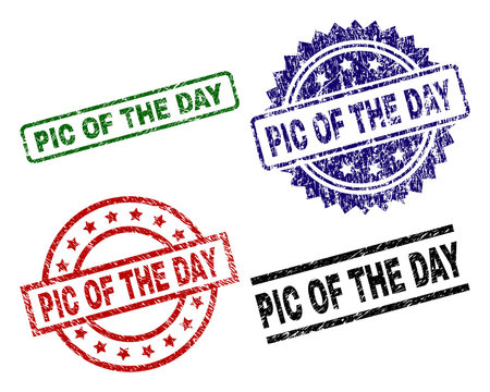 PIC OF THE DAY seal prints with corroded surface. Black, green,red,blue vector rubber prints of PIC OF THE DAY tag with retro style. Rubber seals with circle, rectangle, rosette shapes.