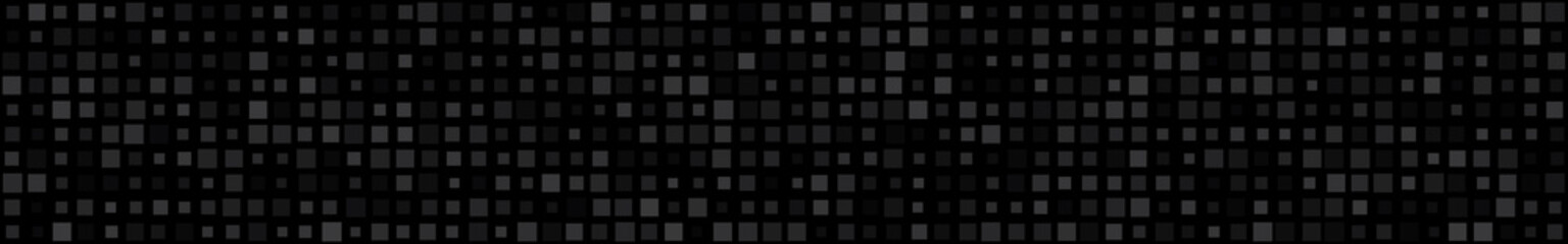Abstract horizontal banner or background of small squares or pixels of different sizes in black colors.