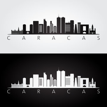 Caracas skyline and landmarks silhouette, black and white design, vector illustration.