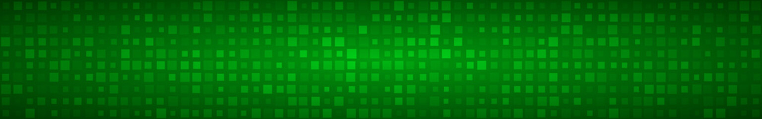 Abstract horizontal banner or background of small squares or pixels of different sizes in green colors.