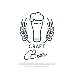 Craft Beer Icon. Glass of beer with foam and spikelets of wheat. Line art emblem. Vector illustration.