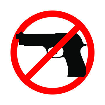 Weapons no icon. Stop guns sign. Gun in the red prohibition sign. Isolated icon on white background. Vector illustration