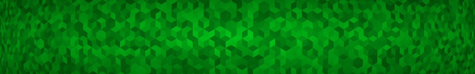 Fototapeta na wymiar Abstract horizontal banner or background of small isometric cubes in green colors with the fish eye effect.