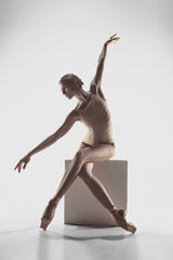 Young graceful female ballet dancer or classic ballerina dancing on white studio. Caucasian model...