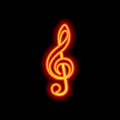 Simple icon of treble key. Orange neon style on black background