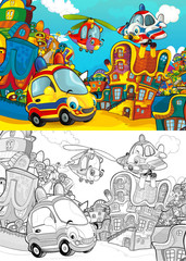 Obraz na płótnie Canvas cartoon scene with different vehicles in the city car and flying machines - police plane and helicopter - with artistic coloring page - illustration for children