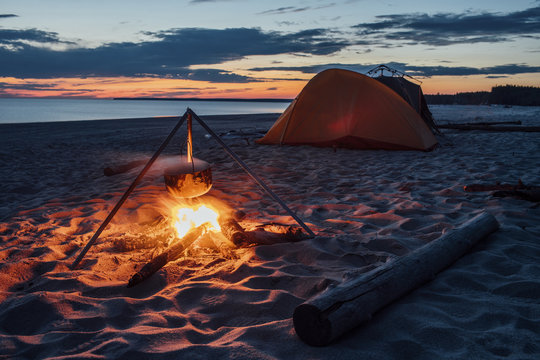 Russia,, Amur Oblast, Camp fire at Zeya reservoir