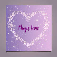 Fototapeta na wymiar Beautiful mock-up greeting card - floral frame in the shape of a heart - magic time on a beautiful gradient background.
