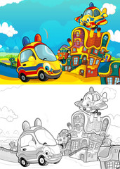 Obraz na płótnie Canvas cartoon scene with different vehicles in the city car and flying machine - ambulance plane - with artistic coloring page - illustration for children