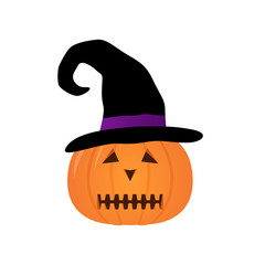 Halloween pumpkin with scary face, isolated on white background. Black witch hat on pumpkin. Vector Illustration.