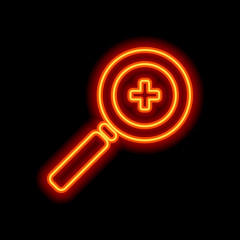 Zoom In icon. Orange neon style on black background. Light icon